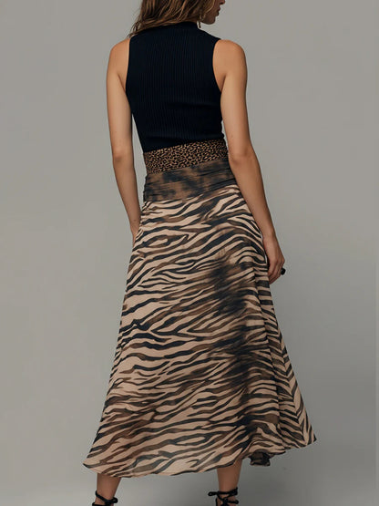 Vintage Zebra Print Patchwork Sleeveless Midi Dress