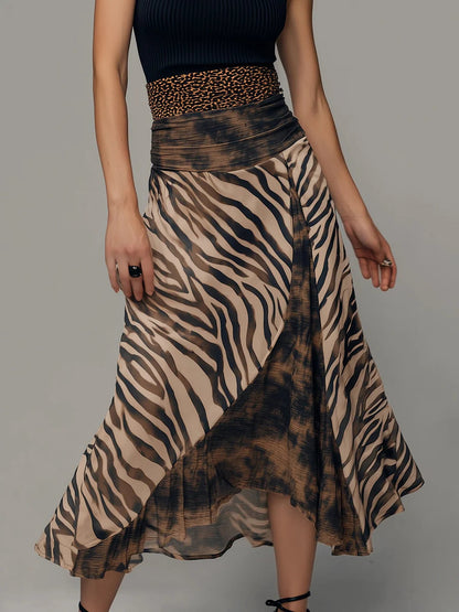 Vintage Zebra Print Patchwork Sleeveless Midi Dress