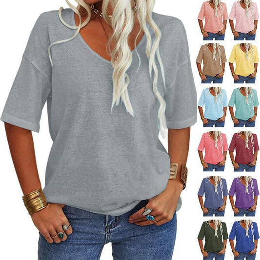 Women's Soft Solid Color Vneck Tshirt Cotton Half Sleeve Half Sleeve Casual Loose Fold Basic Fall Clothes Top Summer Daily Lightweight Minimalist Comfortable Simple Womenswear Style Streetwear shirts women  Fitted Fabric Shortsleeve - Seldom Seen Styles