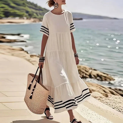 Summer Crew Neck Black Striped Loose A Line Sundress for Women with Short Sleeves Flowy Beach Patchwork Maxi Dresses - Seldom Seen Styles