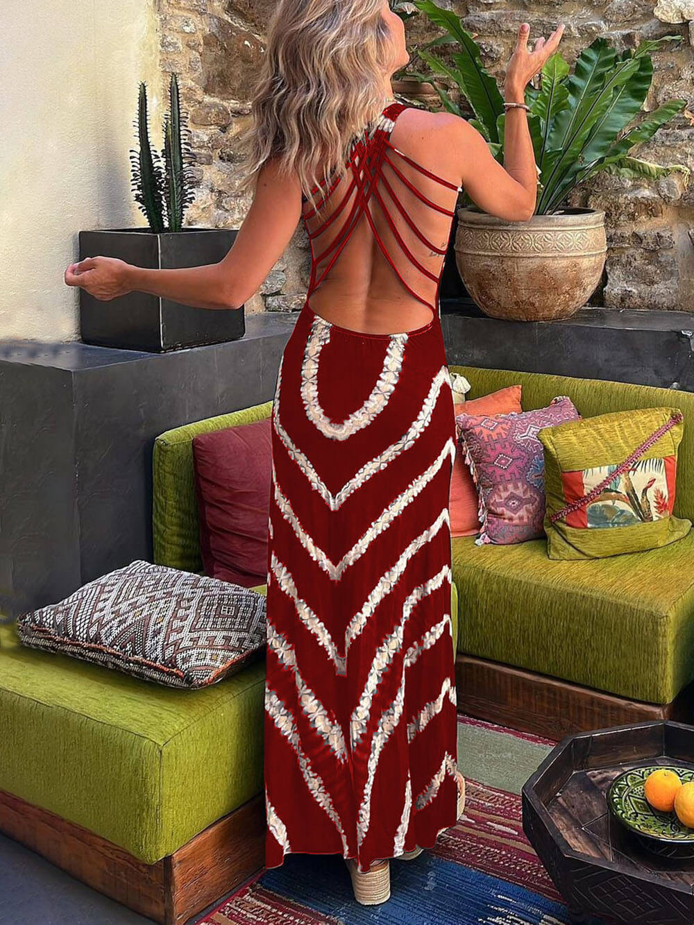 Wave Print Tie Back Stretch Maxi Dress - Seldom Seen Styles
