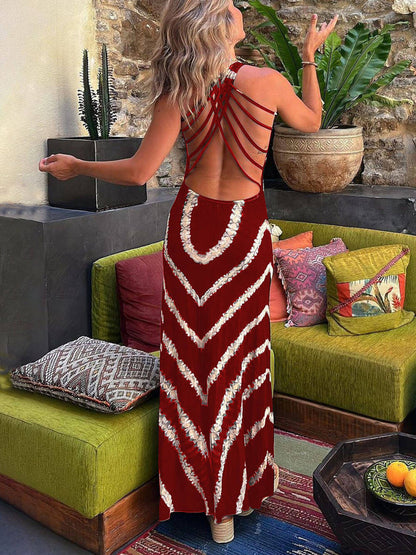 Wave Print Tie Back Stretch Maxi Dress - Seldom Seen Styles