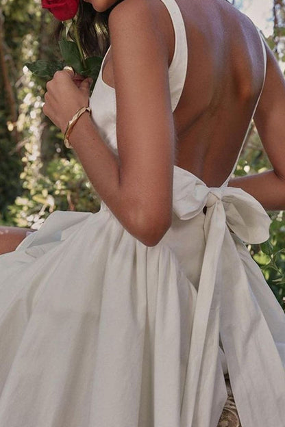 White Backless Tie-back Ruched Dress - Seldom Seen Styles