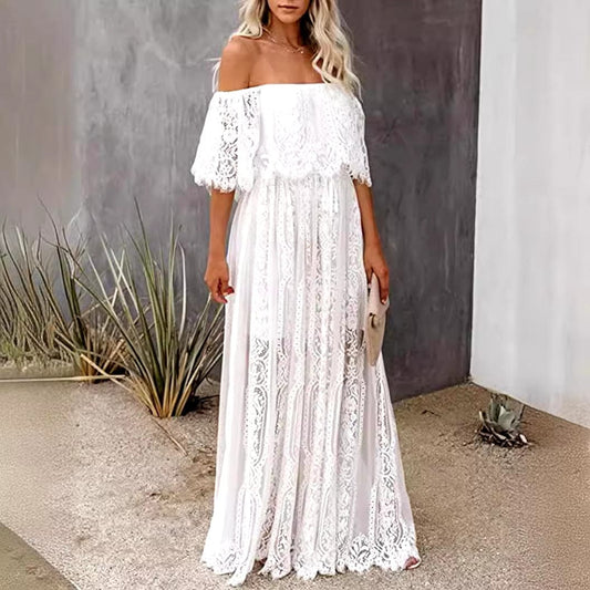 White Boho Off Shoulder Lace Maxi Dress - Seldom Seen Styles