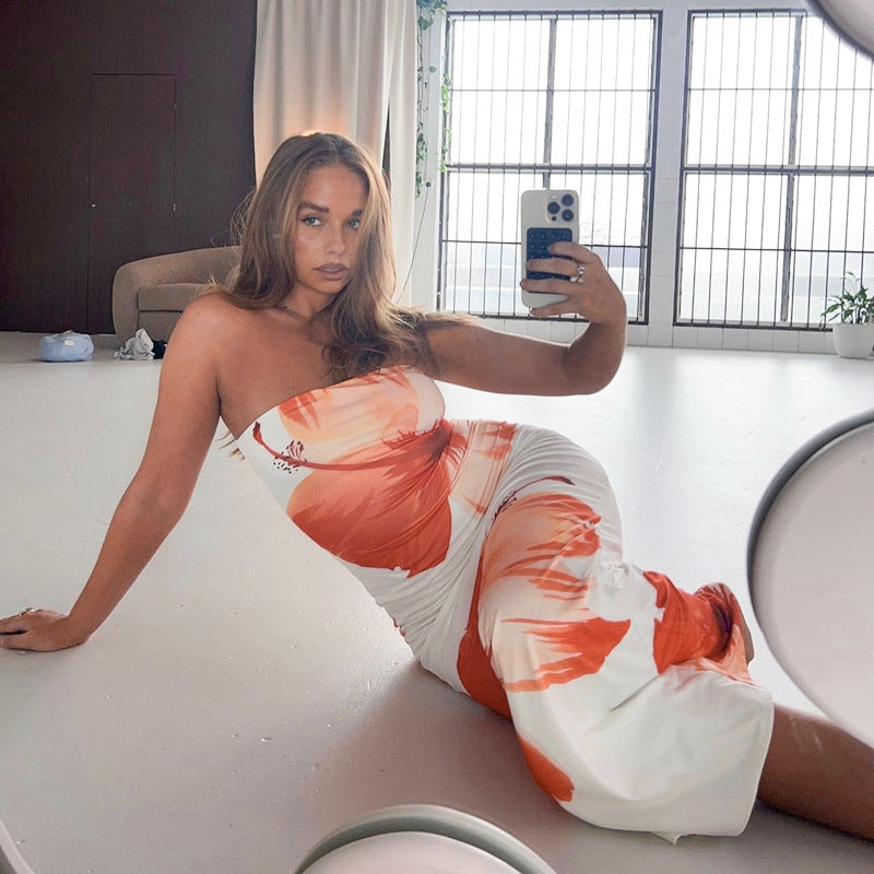 White Floral Print Maxi Dress Flower Print Tube Top Long Dress - Seldom Seen Styles