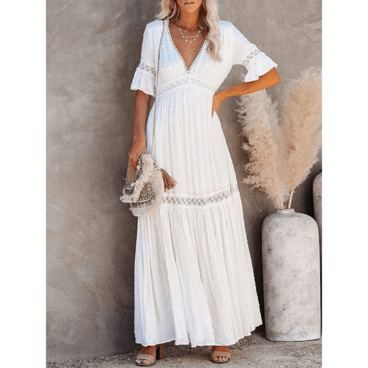 White Lace High Waist Boho Maxi Dress - Seldom Seen Styles