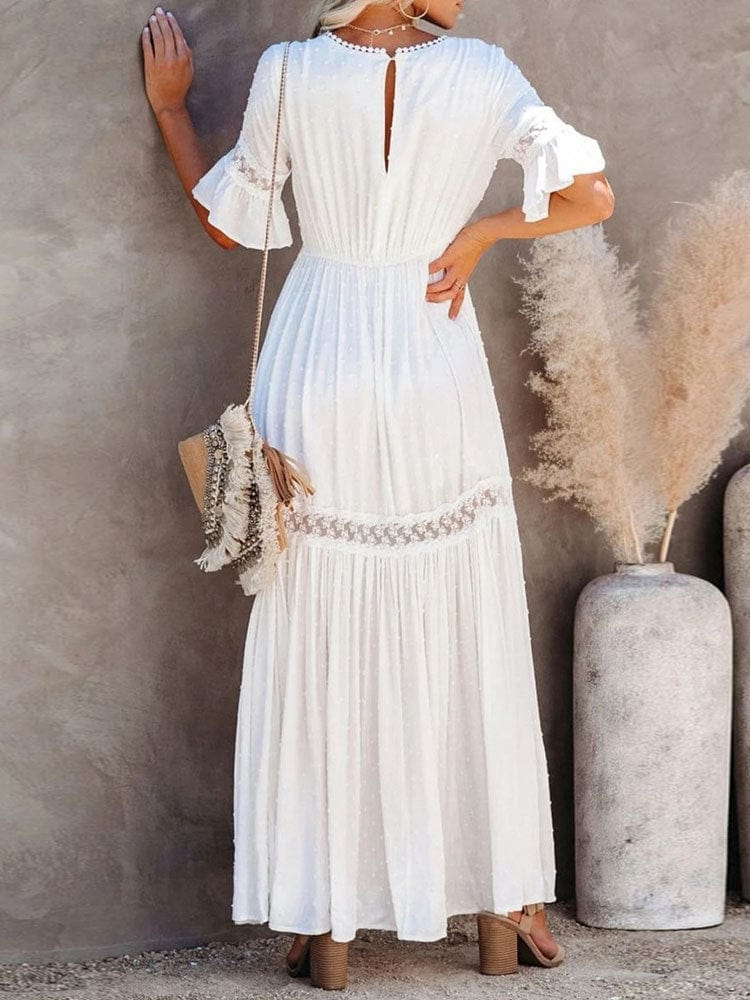 White Lace High Waist Boho Maxi Dress - Seldom Seen Styles