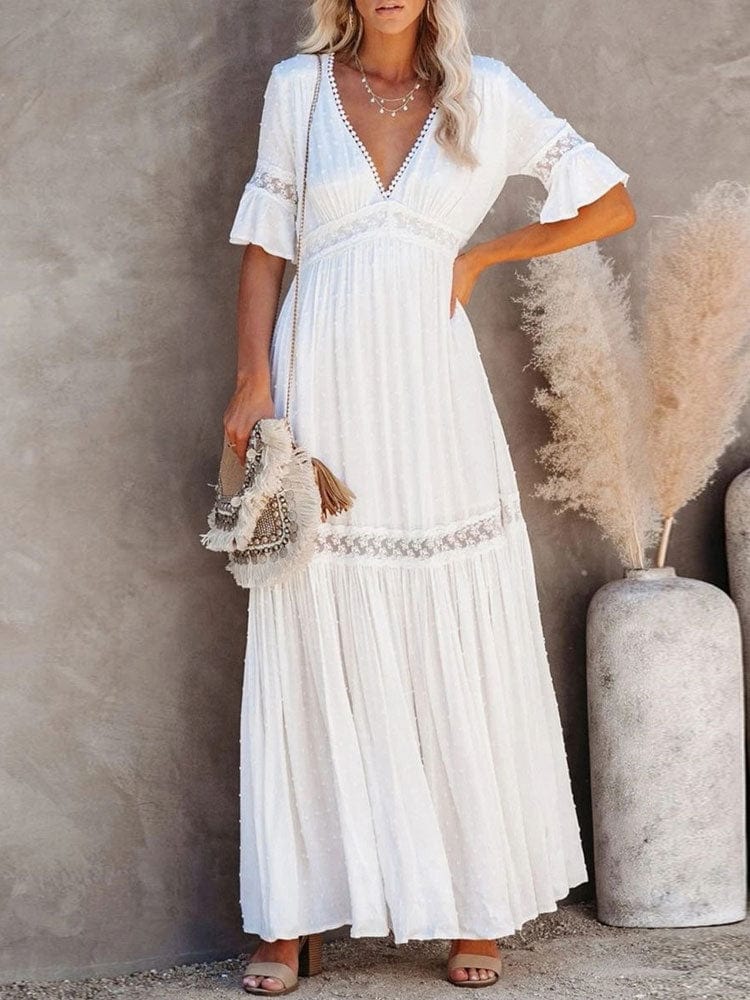 White Lace High Waist Boho Maxi Dress - Seldom Seen Styles