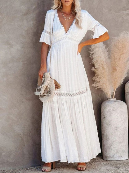 White Lace High Waist Boho Maxi Dress - Seldom Seen Styles