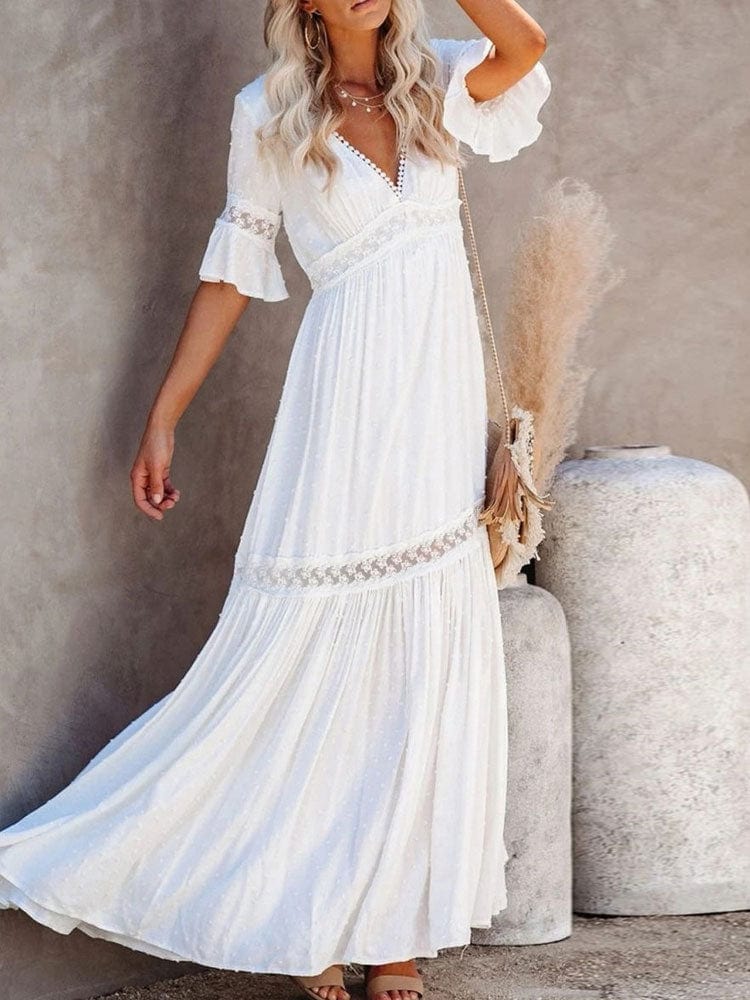 White Lace High Waist Boho Maxi Dress - Seldom Seen Styles