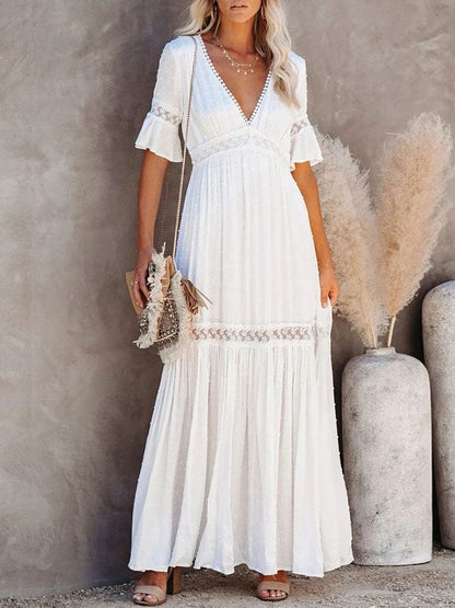 White Lace High Waist Boho Maxi Dress - Seldom Seen Styles