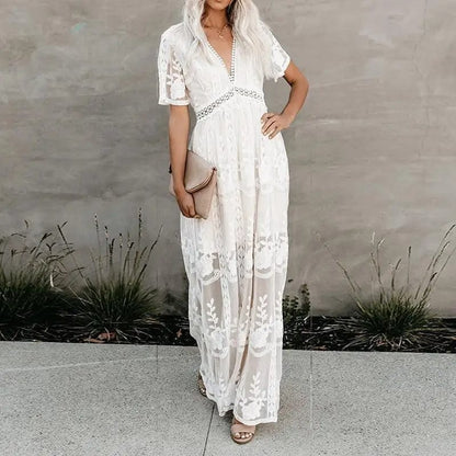 White Lace Short Sleeve Boho Maxi Dress - Seldom Seen Styles