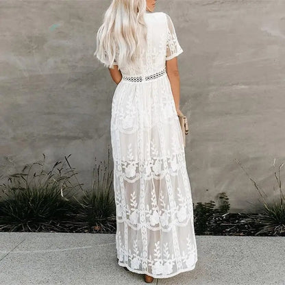 White Lace Short Sleeve Boho Maxi Dress - Seldom Seen Styles