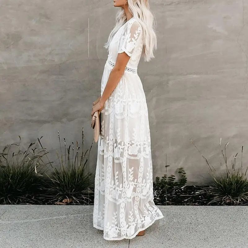White Lace Short Sleeve Boho Maxi Dress - Seldom Seen Styles