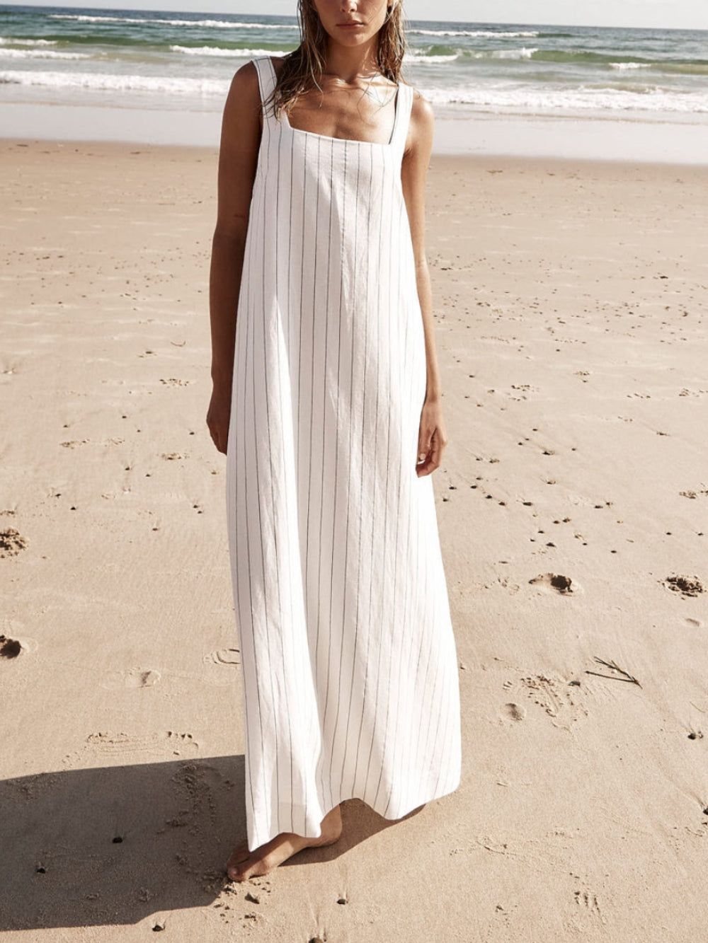 White With Charcoal Pinstripe Maxi Dress - Seldom Seen Styles