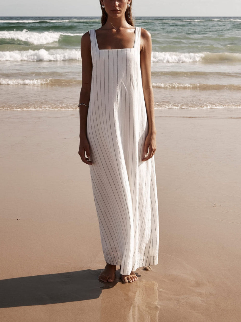 White With Charcoal Pinstripe Maxi Dress - Seldom Seen Styles