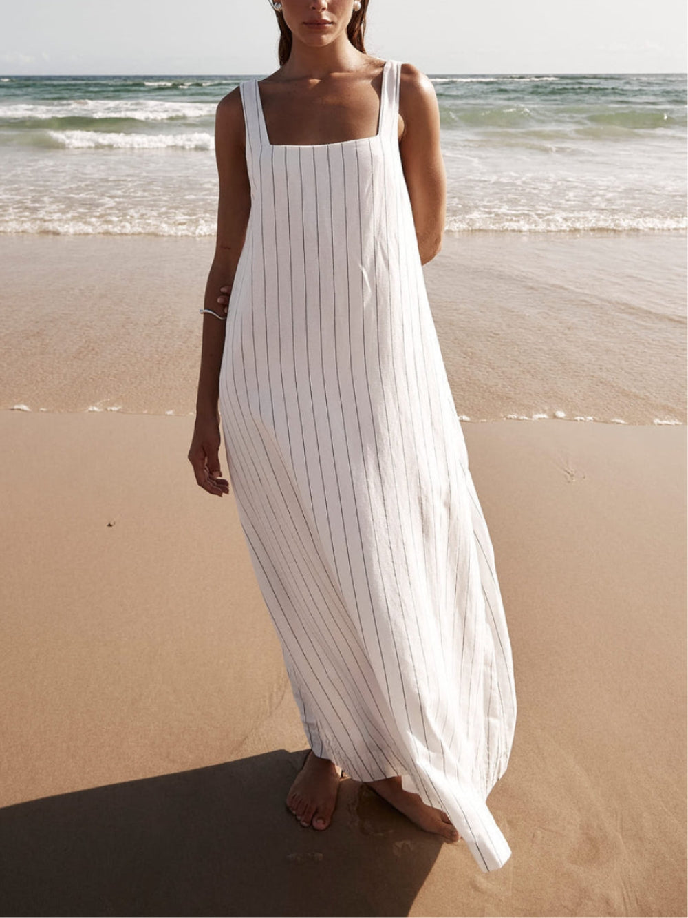 White With Charcoal Pinstripe Maxi Dress - Seldom Seen Styles