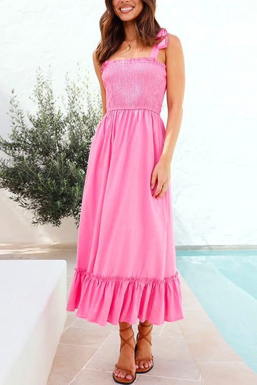 Wide Straps Bow Shoulder Smocked Ruffle Maxi Dress - Seldom Seen Styles