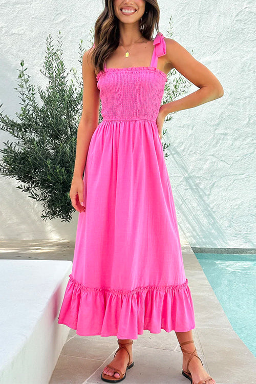 Wide Straps Bow Shoulder Smocked Ruffle Maxi Dress - Seldom Seen Styles