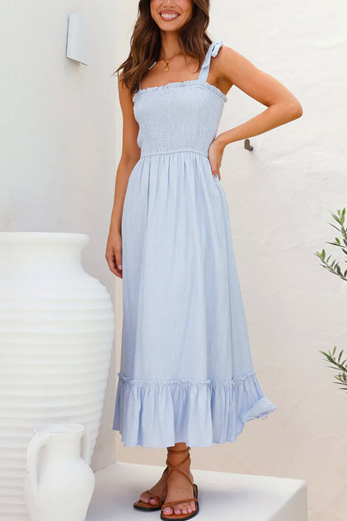 Wide Straps Bow Shoulder Smocked Ruffle Maxi Dress - Seldom Seen Styles