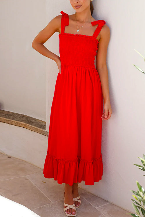 Wide Straps Bow Shoulder Smocked Ruffle Maxi Dress - Seldom Seen Styles