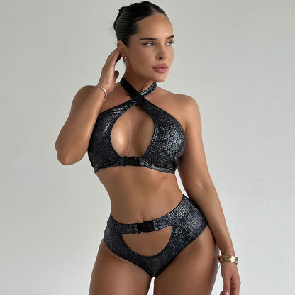 Wild Snake Cut Out Buckle Crisscross Halter Brazilian Two Piece Bikini Swimsuit - Seldom Seen Styles