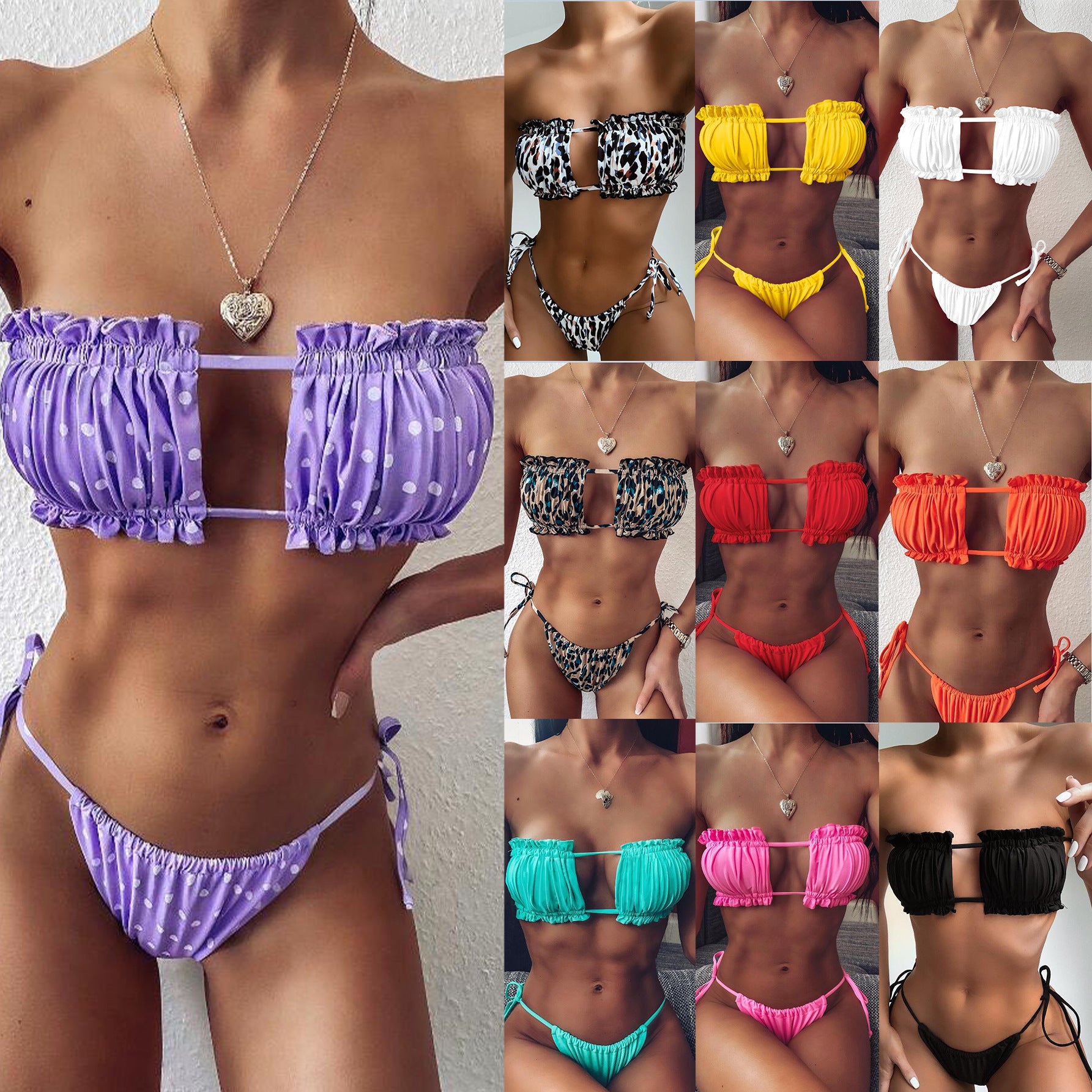 Women 2 Piece Strapless Bikini Swimsuits Ruffle Ribbed Self Tie Bandeau Bikini Set High Cut String Bathing Suits - Seldom Seen Styles