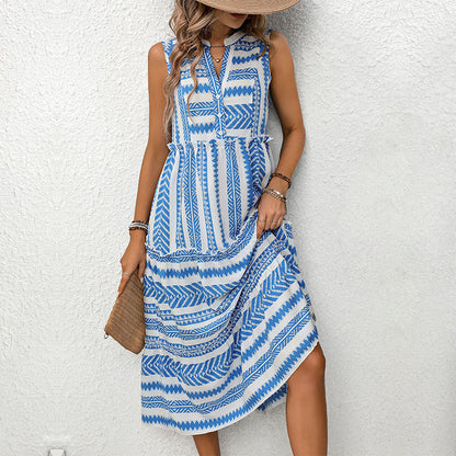 Women Bohemian Loose Fit Maxi Dress Boho V-Neck Sleeveless Midi Dress Button Down Flowy Tank Dresses Summer Beachwear - Seldom Seen Styles
