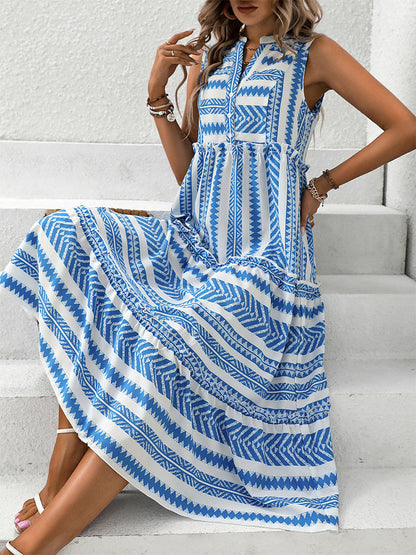 Women Bohemian Loose Fit Maxi Dress Boho V-Neck Sleeveless Midi Dress Button Down Flowy Tank Dresses Summer Beachwear - Seldom Seen Styles