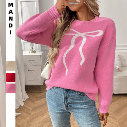 Women Cute Bow Sweater Y2k Long Sleeve Crew Neck Knit Sweaters Aesthetic Pullover Top - Seldom Seen Styles