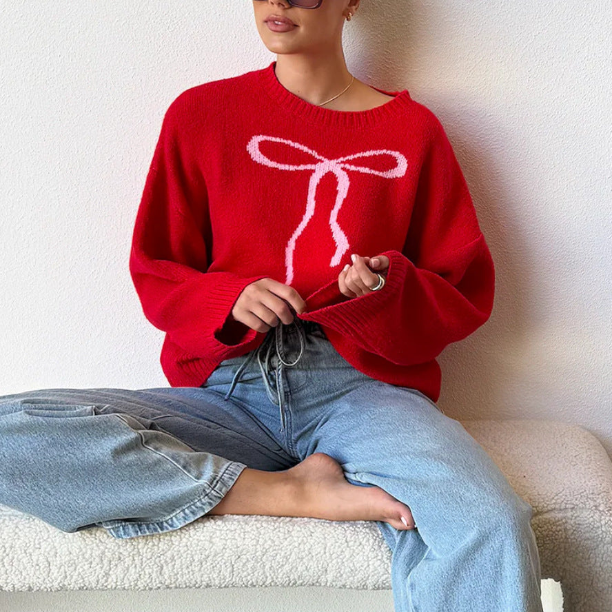 Women Cute Bow Sweater Y2k Long Sleeve Crew Neck Knit Sweaters Aesthetic Pullover Top - Seldom Seen Styles