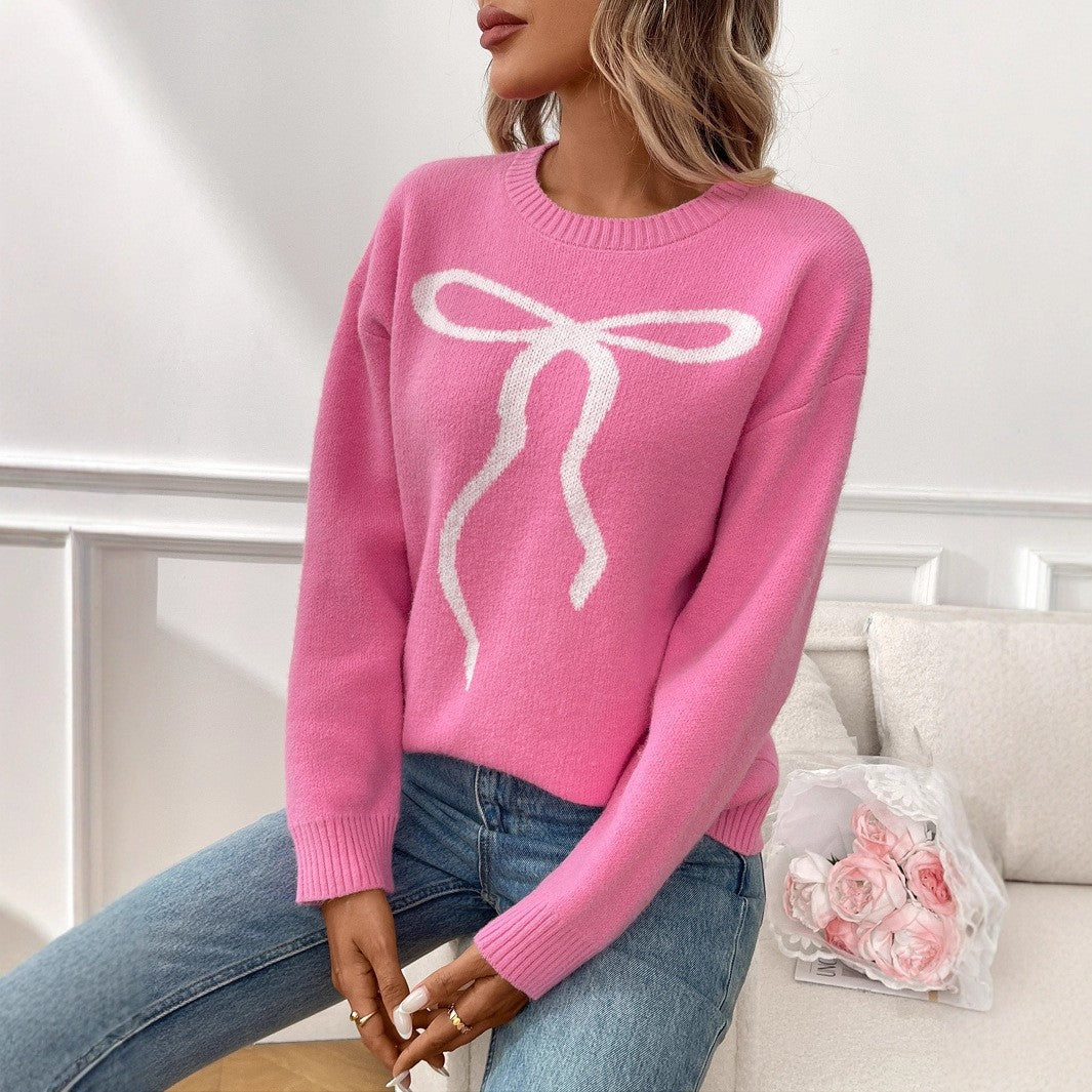 Women Cute Bow Sweater Y2k Long Sleeve Crew Neck Knit Sweaters Aesthetic Pullover Top - Seldom Seen Styles