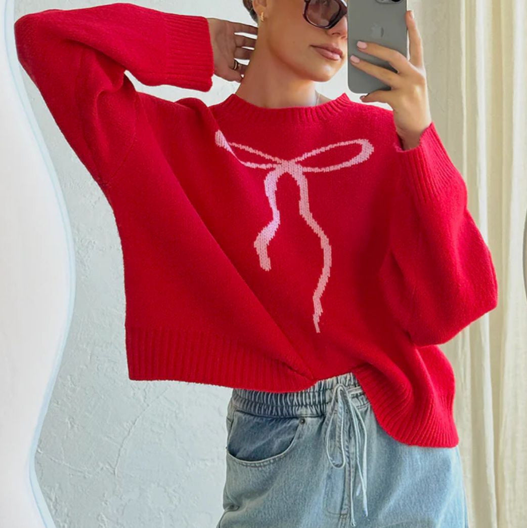 Women Cute Bow Sweater Y2k Long Sleeve Crew Neck Knit Sweaters Aesthetic Pullover Top - Seldom Seen Styles