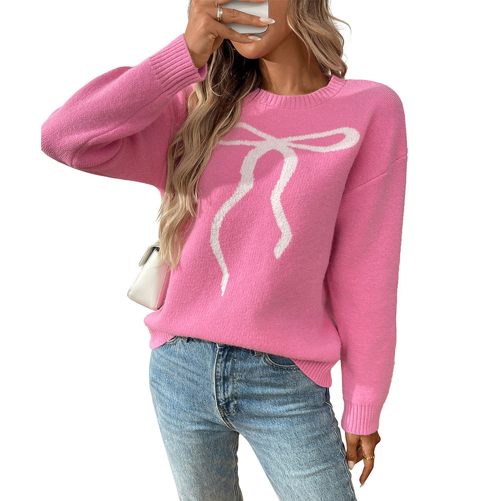 Women Cute Bow Sweater Y2k Long Sleeve Crew Neck Knit Sweaters Aesthetic Pullover Top - Seldom Seen Styles