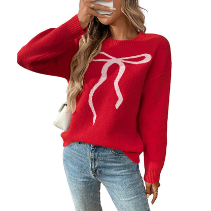Women Cute Bow Sweater Y2k Long Sleeve Crew Neck Knit Sweaters Aesthetic Pullover Top - Seldom Seen Styles