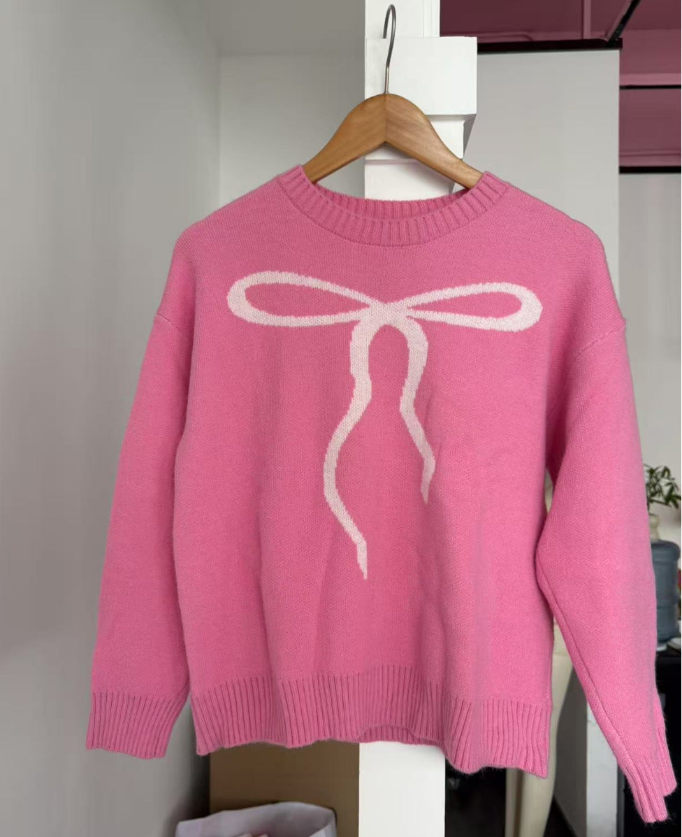 Women Cute Bow Sweater Y2k Long Sleeve Crew Neck Knit Sweaters Aesthetic Pullover Top - Seldom Seen Styles