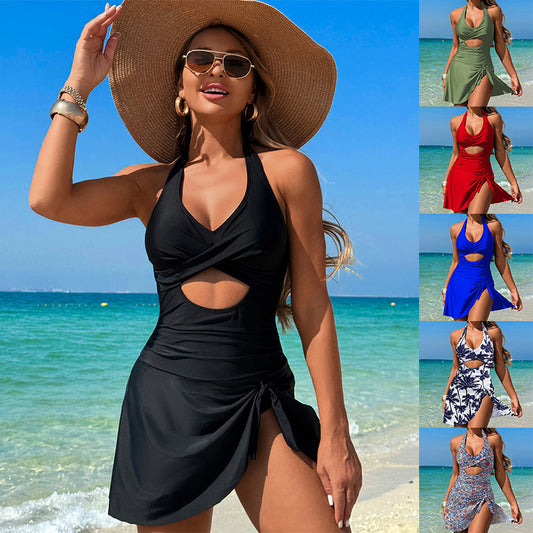 Women Cutout One Piece Swimsuits Criss Cross Back Swim Dress Tummy Control Bathing Suit with Skirt Swimdress - Seldom Seen Styles
