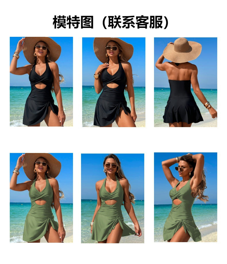 Women Cutout One Piece Swimsuits Criss Cross Back Swim Dress Tummy Control Bathing Suit with Skirt Swimdress - Seldom Seen Styles