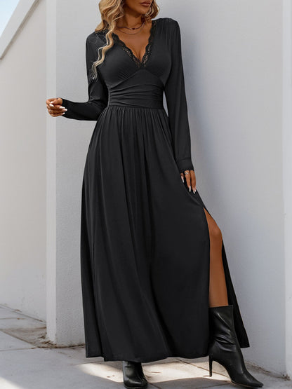 Women Deep V Neck Long Sleeve Slit 2025 Fall Elegant Formal Wedding Guest Cocktail Evening Date Prom Maxi Long Dress - Seldom Seen Styles