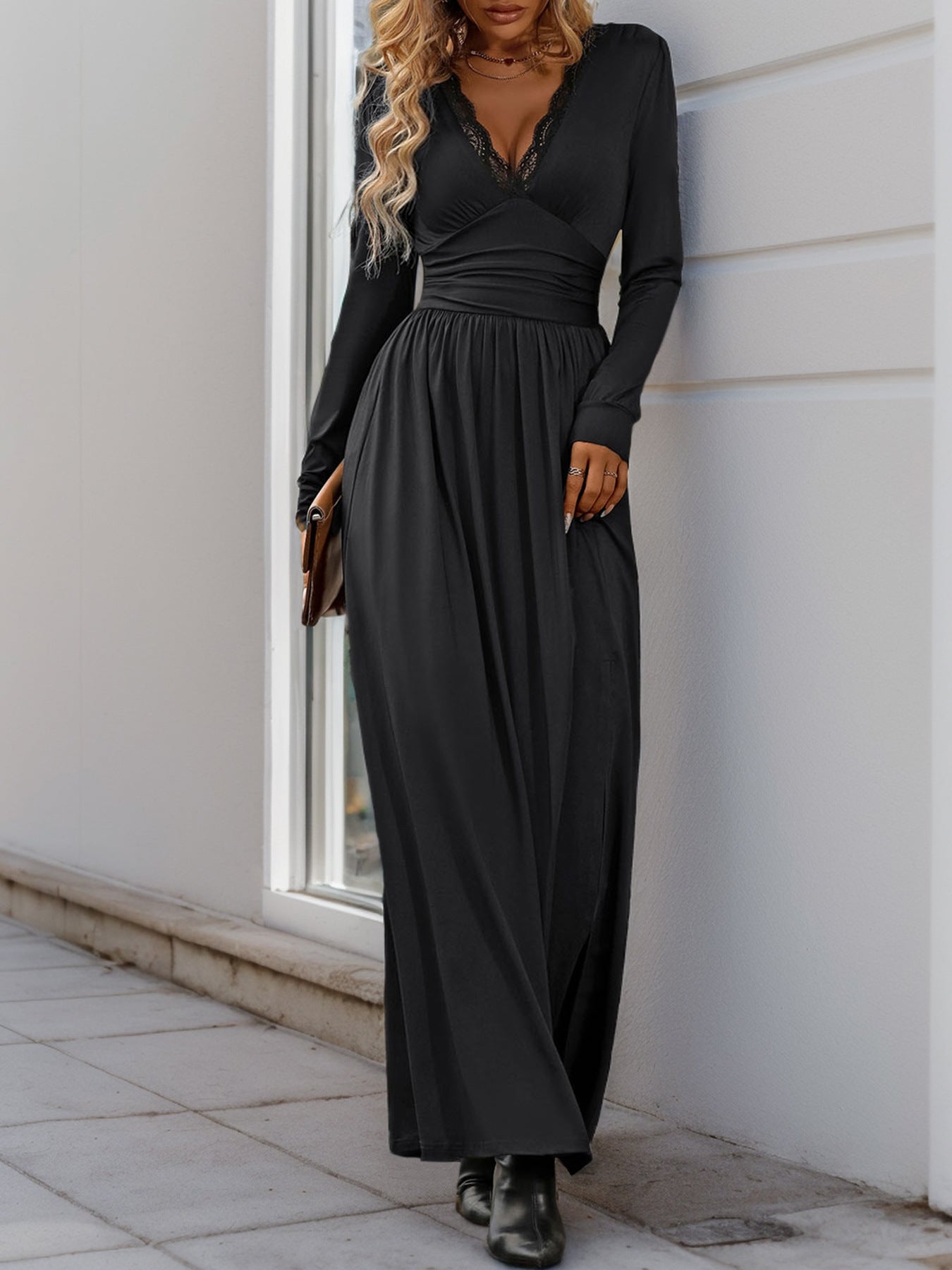 Women Deep V Neck Long Sleeve Slit 2025 Fall Elegant Formal Wedding Guest Cocktail Evening Date Prom Maxi Long Dress - Seldom Seen Styles