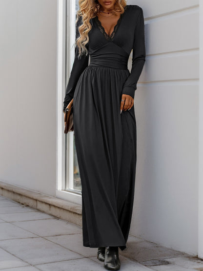 Women Deep V Neck Long Sleeve Slit 2025 Fall Elegant Formal Wedding Guest Cocktail Evening Date Prom Maxi Long Dress - Seldom Seen Styles