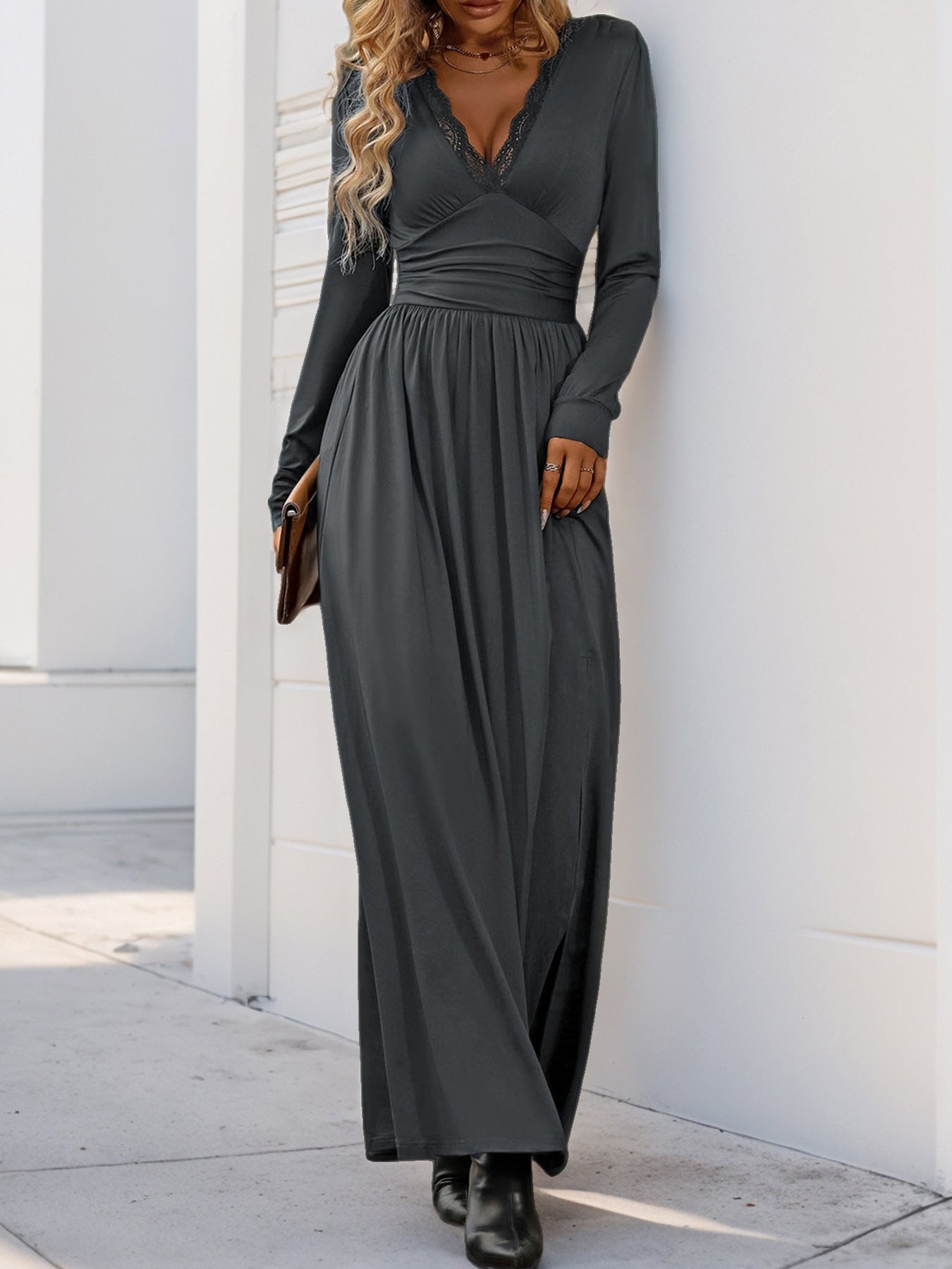 Women Deep V Neck Long Sleeve Slit 2025 Fall Elegant Formal Wedding Guest Cocktail Evening Date Prom Maxi Long Dress - Seldom Seen Styles
