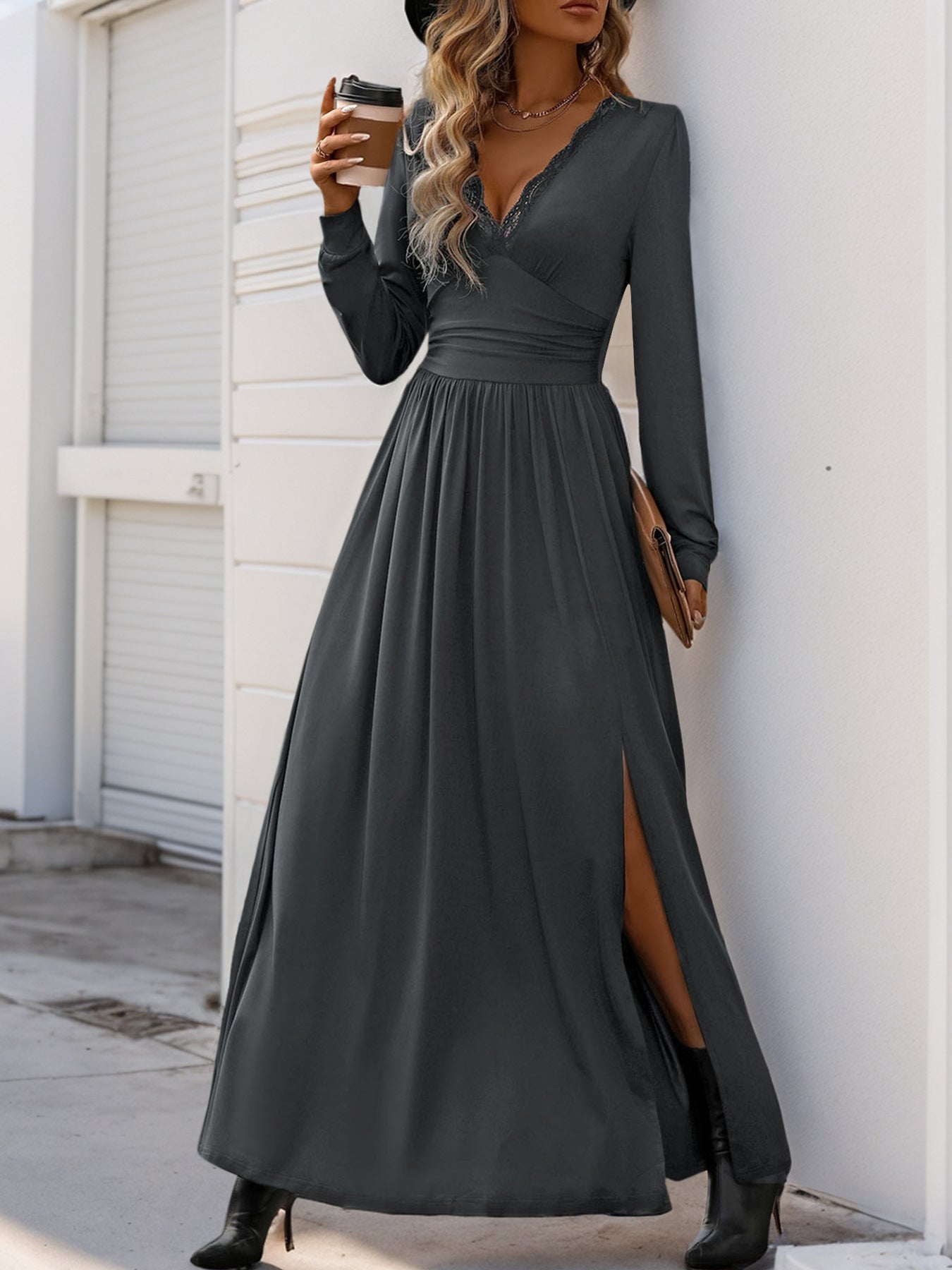 Women Deep V Neck Long Sleeve Slit 2025 Fall Elegant Formal Wedding Guest Cocktail Evening Date Prom Maxi Long Dress - Seldom Seen Styles