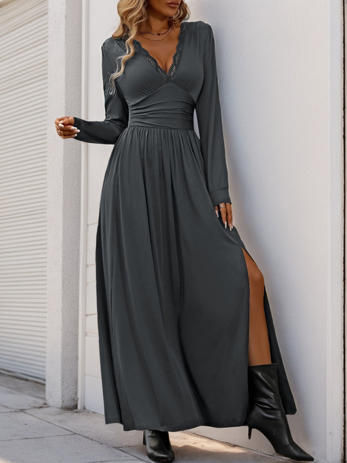Women Deep V Neck Long Sleeve Slit 2025 Fall Elegant Formal Wedding Guest Cocktail Evening Date Prom Maxi Long Dress - Seldom Seen Styles