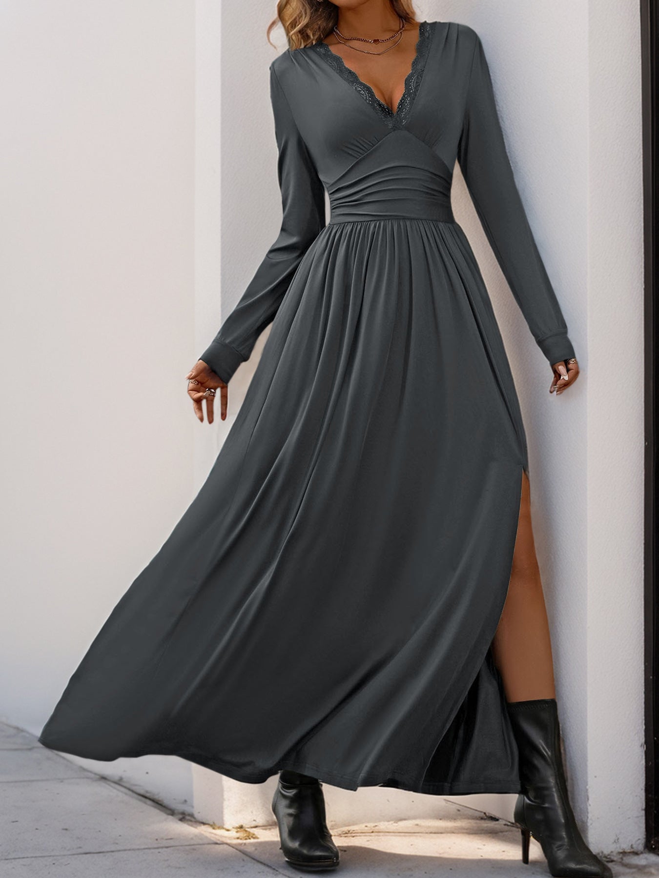 Women Deep V Neck Long Sleeve Slit 2025 Fall Elegant Formal Wedding Guest Cocktail Evening Date Prom Maxi Long Dress - Seldom Seen Styles