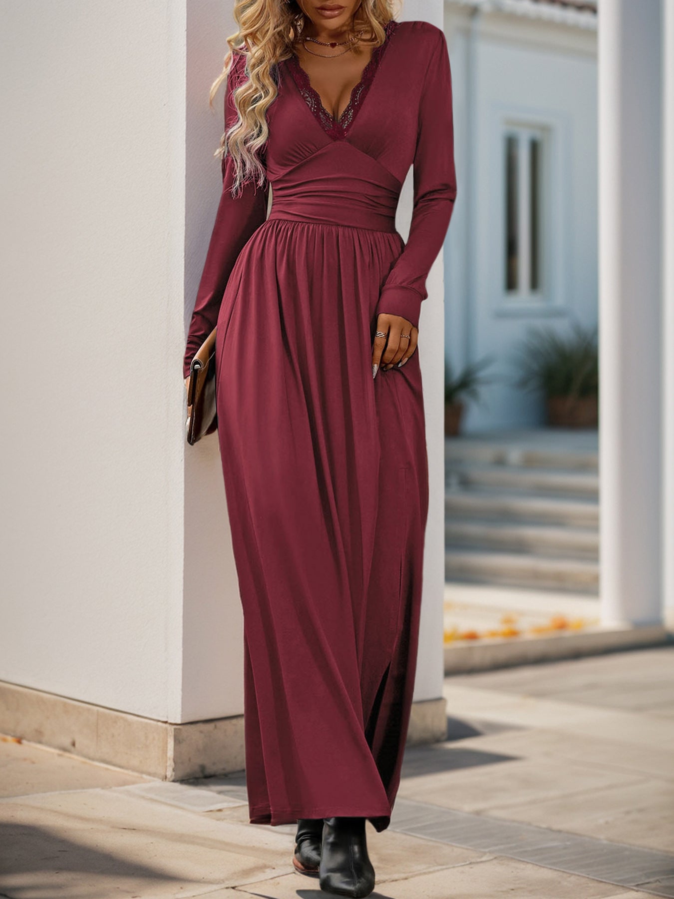 Women Deep V Neck Long Sleeve Slit 2025 Fall Elegant Formal Wedding Guest Cocktail Evening Date Prom Maxi Long Dress - Seldom Seen Styles
