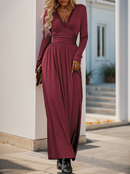 Women Deep V Neck Long Sleeve Slit 2025 Fall Elegant Formal Wedding Guest Cocktail Evening Date Prom Maxi Long Dress - Seldom Seen Styles