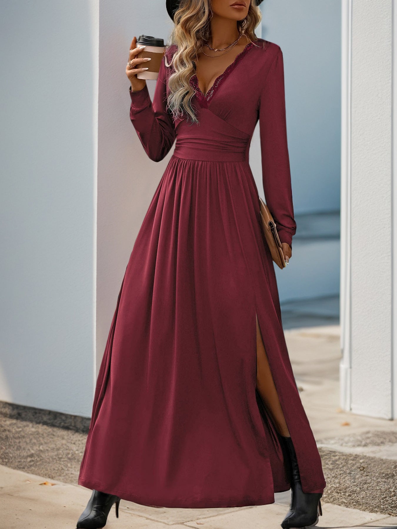 Women Deep V Neck Long Sleeve Slit 2025 Fall Elegant Formal Wedding Guest Cocktail Evening Date Prom Maxi Long Dress - Seldom Seen Styles