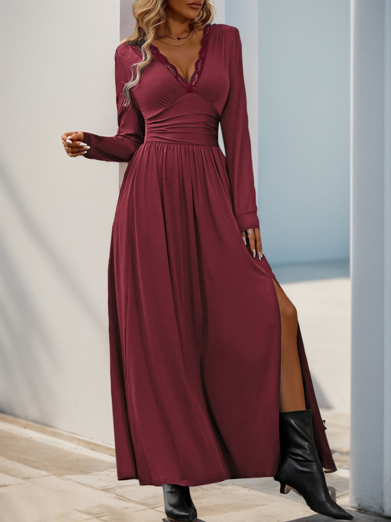 Women Deep V Neck Long Sleeve Slit 2025 Fall Elegant Formal Wedding Guest Cocktail Evening Date Prom Maxi Long Dress - Seldom Seen Styles
