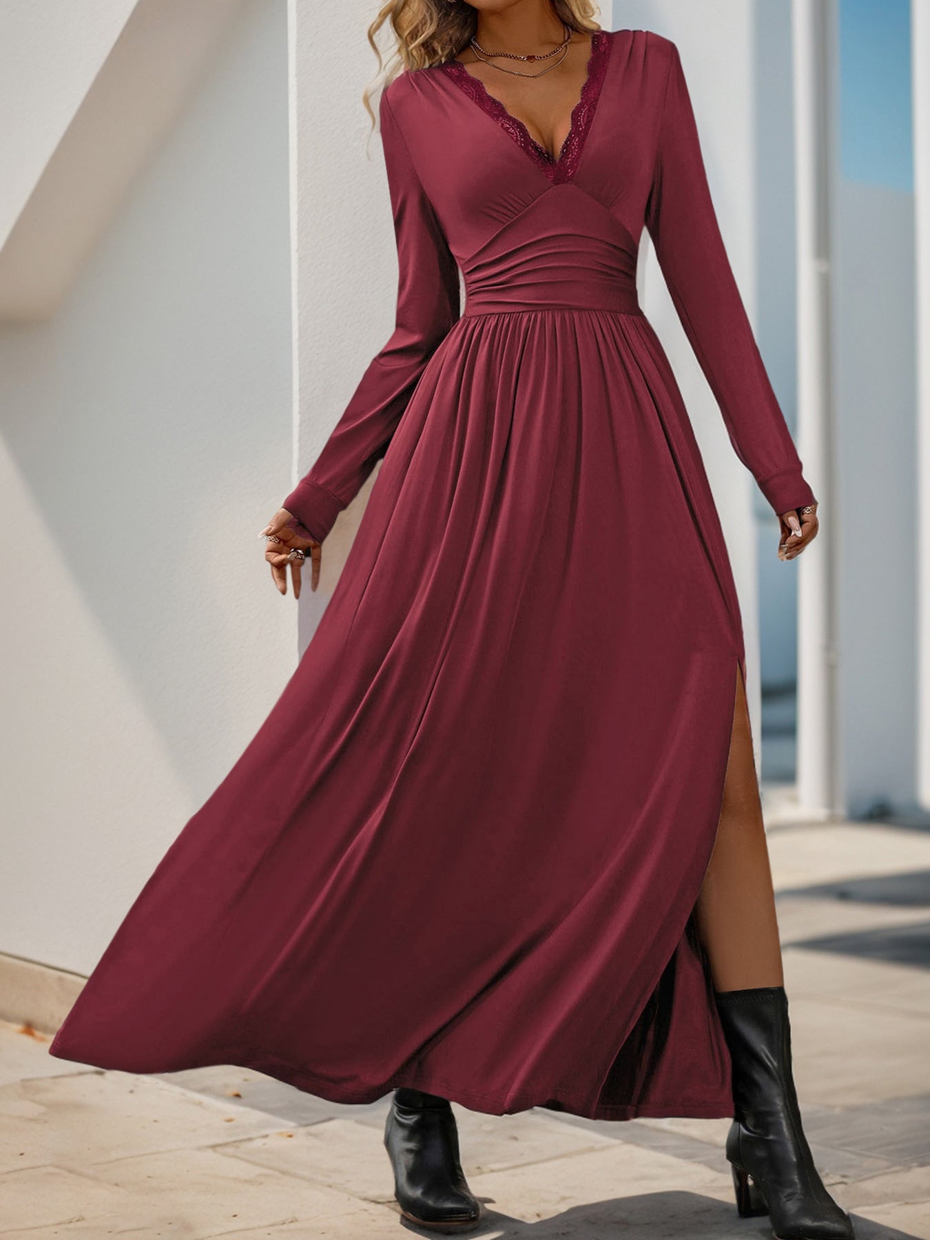 Women Deep V Neck Long Sleeve Slit 2025 Fall Elegant Formal Wedding Guest Cocktail Evening Date Prom Maxi Long Dress - Seldom Seen Styles